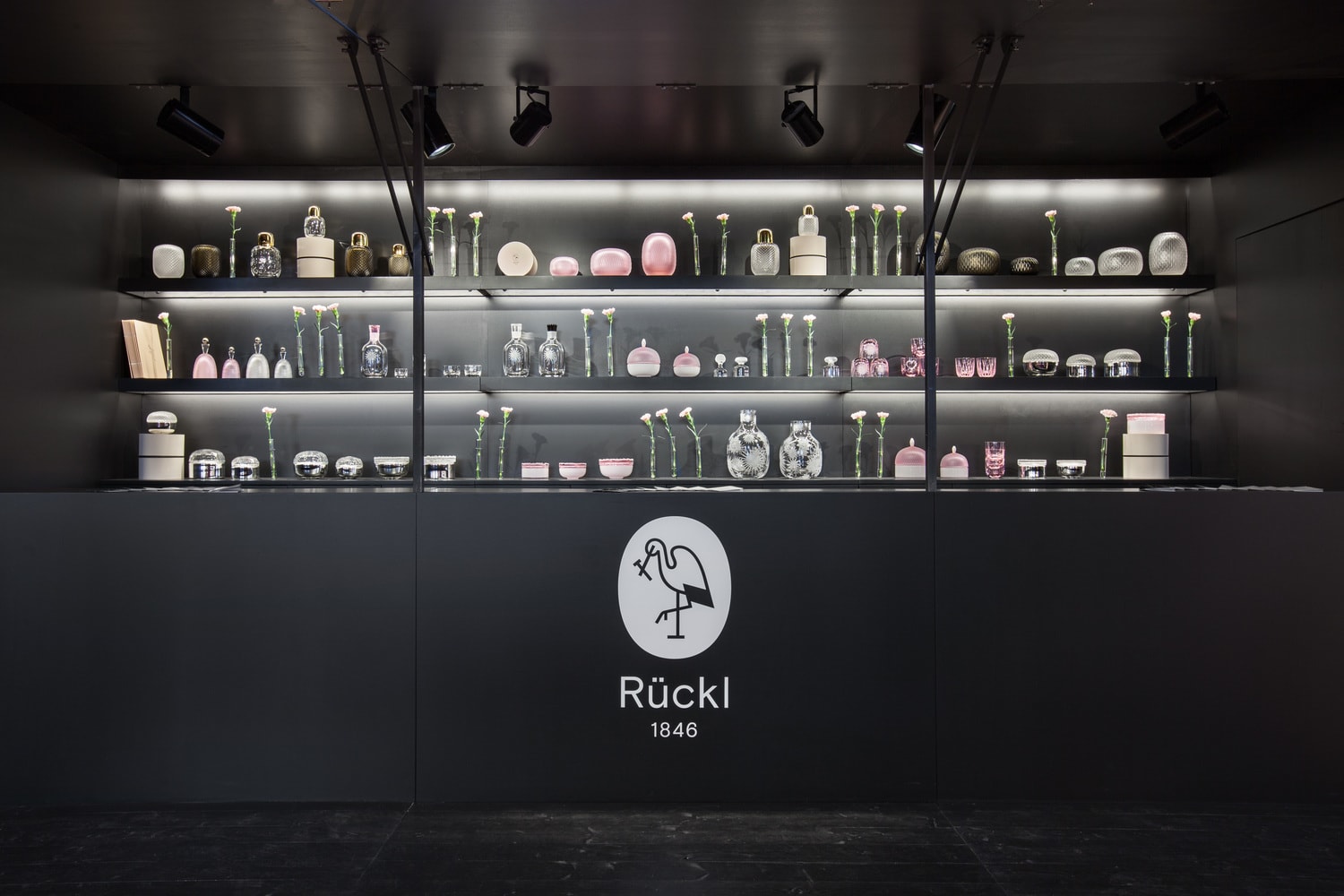 The exhibition stand for Rückl Crystal at Prague International Design Festival, DesignBlok 2017. The first shot, the first presentation of the new, the re-branded Rückl. The installation is inspired by a traditional Bohemian shooting range. Rückl is the Bohemian glass factory, founded in 1846 in Nižbor, specialized on glassware. Designed by Jiri Krejcirik in cooperation with Rony Plesl.
