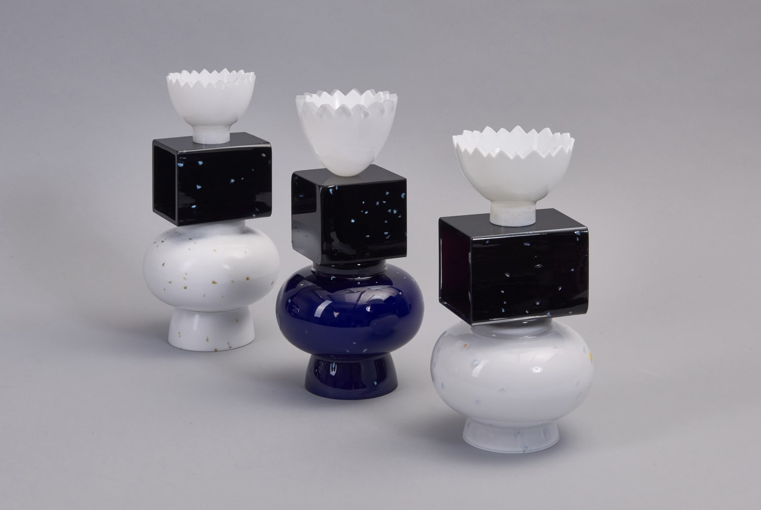 Forms and Symbols Limited Edition Collection of Glass Objects Three Vases Black and White