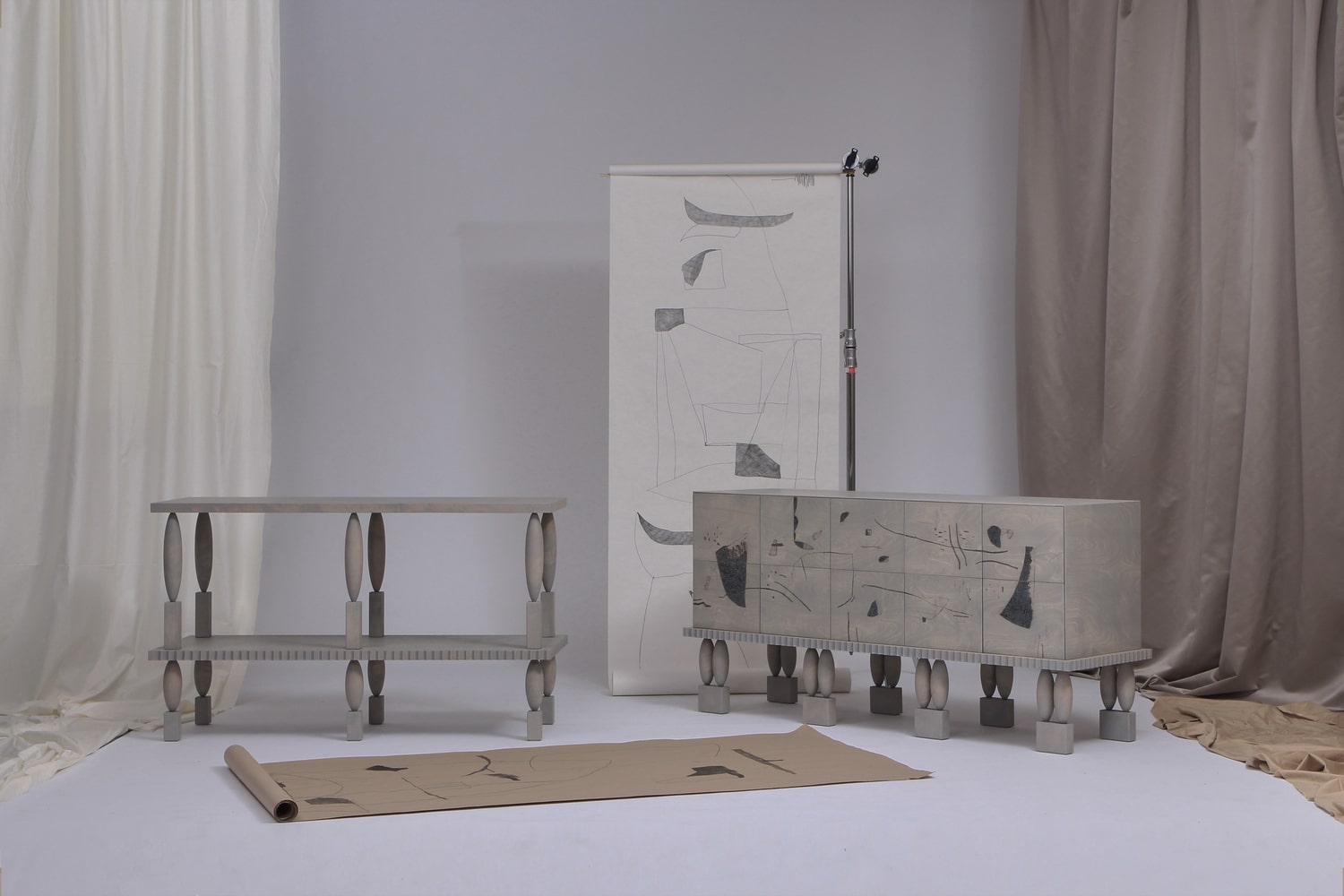 Nouveau Collection - Commode with Shelves and storage units by Jiri Krejcirik and pyrography drawings by Taja Spasskova