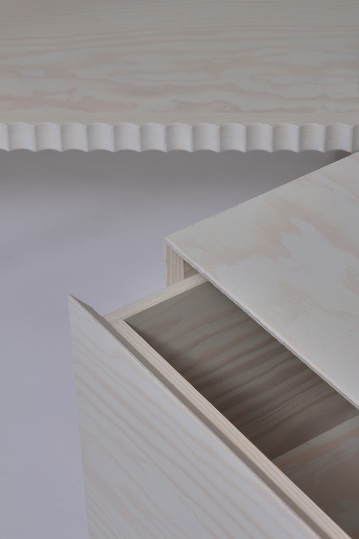 Detailed View of the Limited Edition Nouveau Collection - Commodes with Shelves and storage units by Jiri Krejcirik and pyrography drawings by Taja Spasskova
