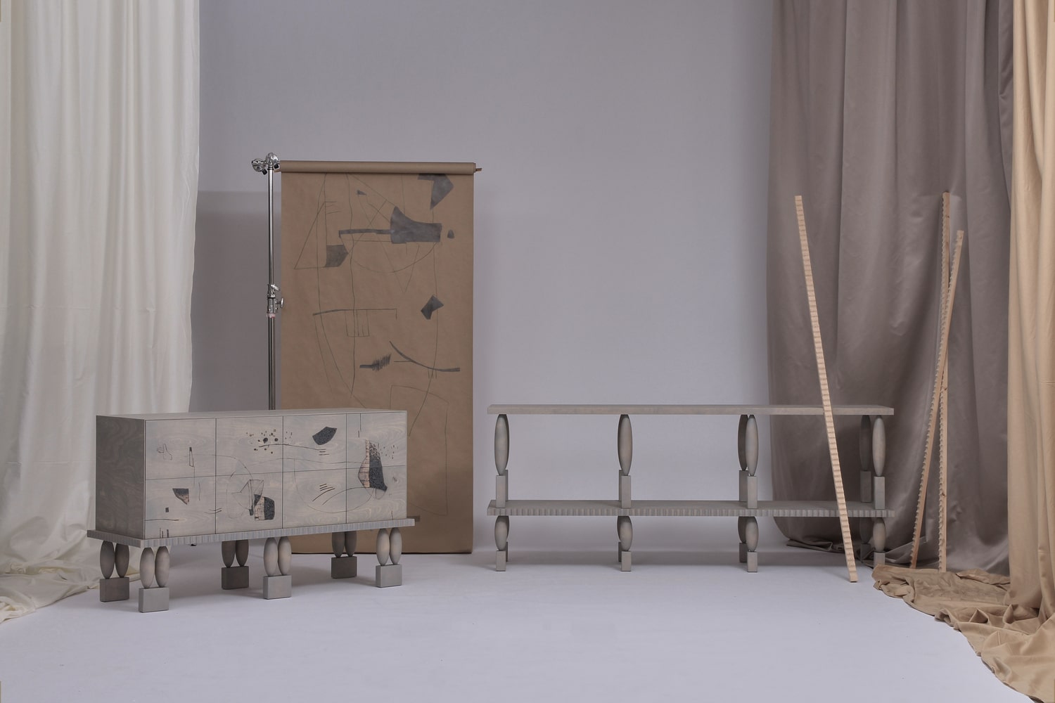Nouveau Collection - Commode with Shelves and storage units by Jiri Krejcirik and pyrography drawings by Taja Spasskova Limited Edition