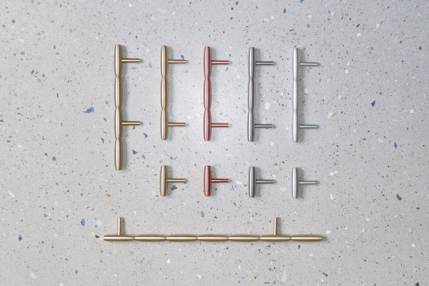 BOR furniture handle collection in solid brass, copper, aluminum, and stainless steel – featuring BOR-01, BOR-03, BOR-04 Asymmetric, BOR-04 Symmetric, and BOR-07 designs.